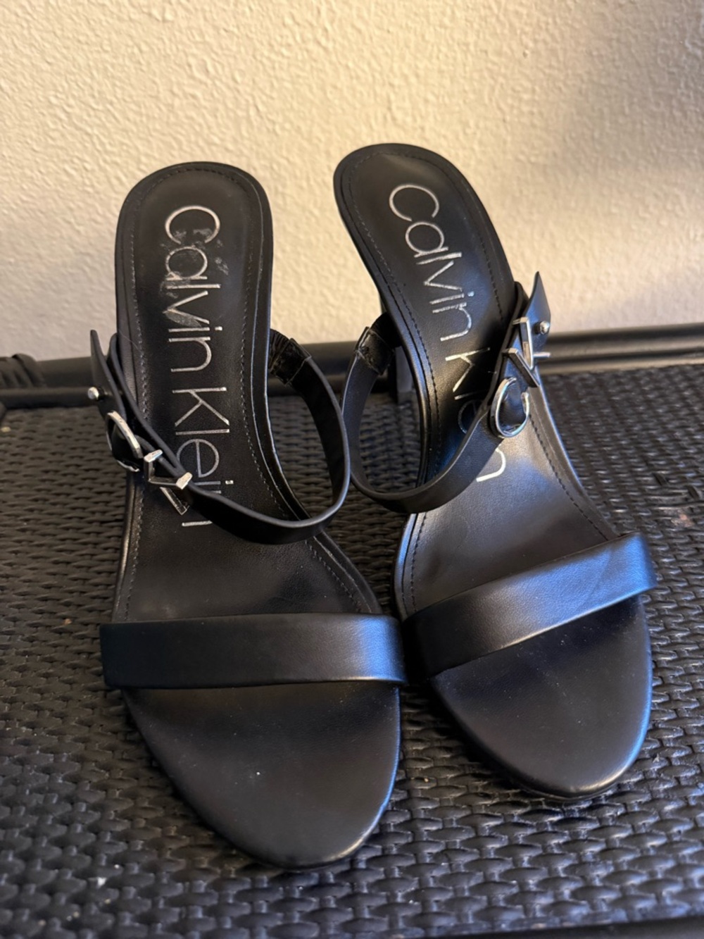Calvin Klein Black Leather Ankle-Strap Heeled Sandals